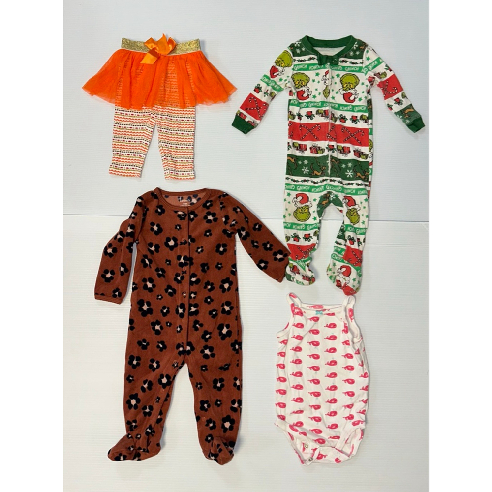 Lot of 4 Baby Girl Grinch Leopard Footed Pajama 9 Months Tutu Leggings Whale Top